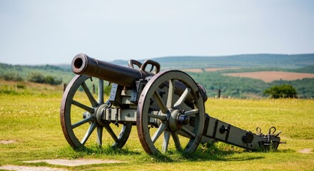 Historic field cannon on grassy hill with countryside in background