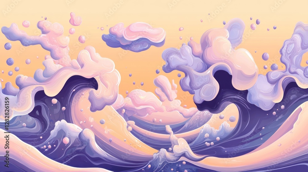 Wall mural A vibrant, abstract depiction of waves and clouds in pastel colors.