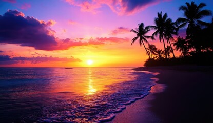 Tropical sunset beach, palm trees, ocean, vibrant colors, idyllic vacation