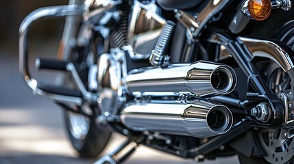 Close-up of chrome exhaust on a luxury motorcycle