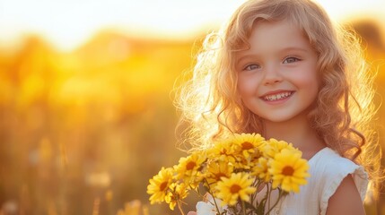 Fototapeta premium A girl with sun-kissed curls and eyes that sparkled with happiness held a bouquet of vibrant yellow flowers in a field bathed in the warm glow of the golden hour.