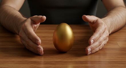 The golden egg, representing a precious asset, is carefully presented by hands on a grounded wooden table