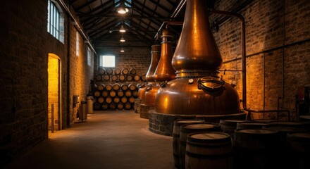 Interior of rustic whiskey distillery with copper stills and barrels