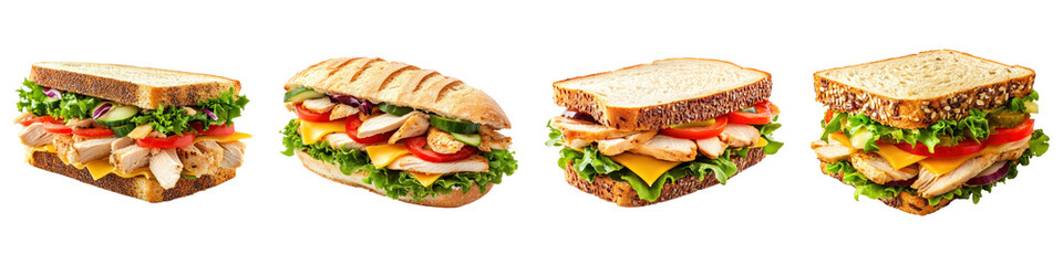 Sandwich with chicken isolated on transparent background, PNG, Set of