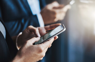 Business, hands and people typing with phone for text message, email response or networking....
