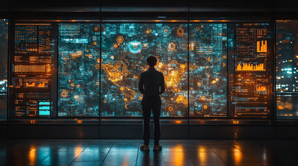 A technician analyzes data in a high-tech control room, surrounded by global connectivity maps, complex network operations, and digital interfaces, symbolizing innovation, precision, and global reach
