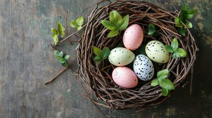 Obraz premium A nest of woven twigs, adorned with vibrant green leaves and speckled with pastel decorative eggs, nestled on a textured wooden surface, a testament to the beauty and ingenuity found in the natural