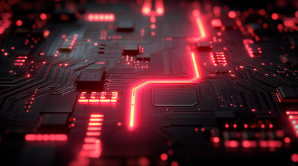 Fototapeta premium Abstract circuit board design symbolizing advanced technology, digital connections, innovation, and modernity with intricate patterns and glowing elements representing data flow and processing. 