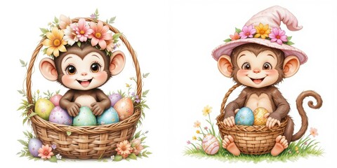 Fototapeta premium Cute Monkey Duo Easter Celebration Basket of Painted Eggs with Flowers and Hat Adorable Festive