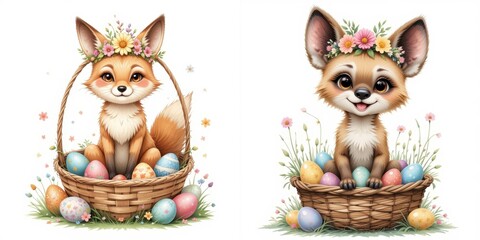 Naklejka premium Cute Cartoon Foxes Wearing Flower Crowns Sitting in Baskets Full of Easter Eggs Holiday Art Creation