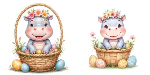 Obraz premium Cheerful Hippopotamus Duo in Easter Baskets with Floral Crowns and Colorful Eggs Celebration