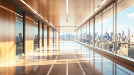 Fototapeta premium Modern hospital corridor with polished floors, bright overhead lights, and large windows showcasing a cityscape in the background,