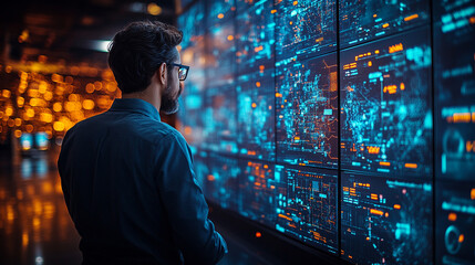 A technician analyzes data in a high-tech control room, surrounded by global connectivity maps, complex network operations, and digital interfaces, symbolizing innovation, precision, and global reach
