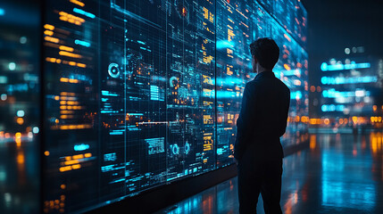 A technician analyzes data in a high-tech control room, surrounded by global connectivity maps, complex network operations, and digital interfaces, symbolizing innovation, precision, and global reach
