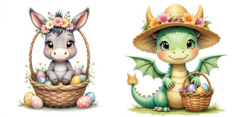 Naklejka premium Adorable Easter Donkey in Basket and Dragon with Hat Holding Basket of Eggs Cute Springtime Scene