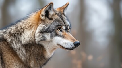 Obraz premium A wolf with its head tilted to the side and looking at something in front of or behind it. The body is light grey-brown on top but has dark brown fur around its neck.