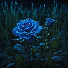 A glowing neon blue rose in bioluminescent grass, with a magical water aura behind.