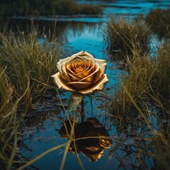 A golden metallic rose in silky grass, with a futuristic holographic lake.