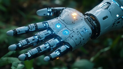 Futuristic Robotic Hand in Lush Green Environment