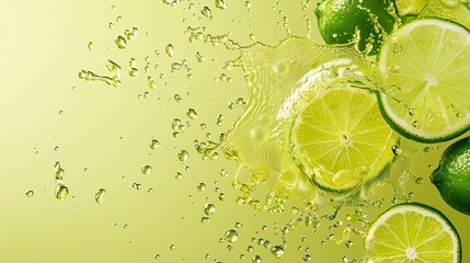 Fresh limes and lime slices splashing in vibrant green liquid.