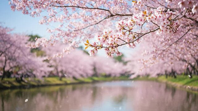 Image video of cherry blossom sightseeing spots in Tokyo. Full bloom, petals dancing in the wind. seamless loop.