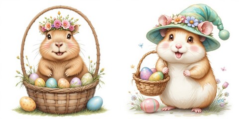 Two Adorable Hamsters with Easter Baskets and Floral Headwear in a Festive Spring Celebration