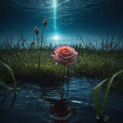 A floating rose above grass, its roots glowing, with a surreal cosmic ocean behind.