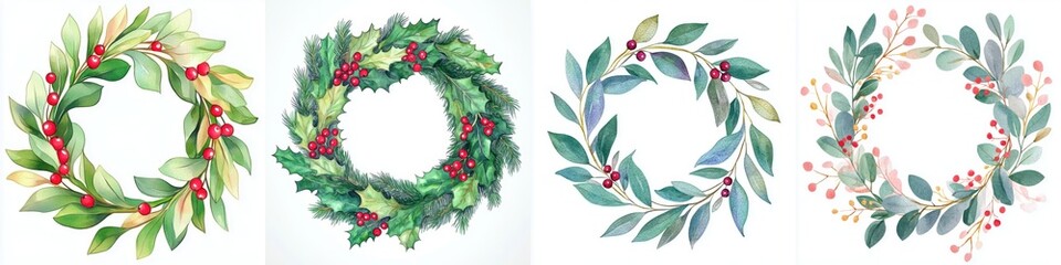 Festive Holiday Wreath Assortment with Berries Watercolor Illustrations for Seasonal Greetings Designs