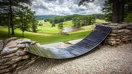 Curved Solar Panel on Stone Wall Overlooking Scenic Landscape