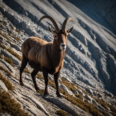 Obraz premium An ibex climbing a steep slope with high-contrast lighting, its shadow subtly cast against a white backdrop.