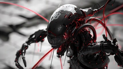 Fototapeta premium Futuristic Robot with Red Accents and Intricate Mechanical Details in Cyberpunk Style