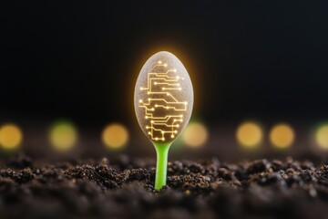 startup seed technology sustainability concept. A glowing seedling with circuit patterns emerges from soil, symbolizing the fusion of technology and nature.