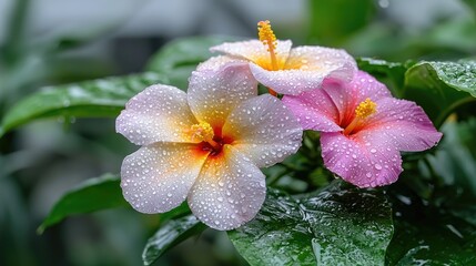 Close-up of Pink and White Hibiscus Flowers with Water Droplets