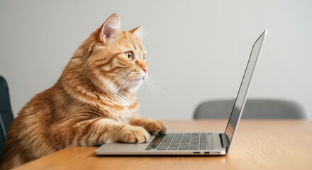 Orange tabby cat using laptop on wooden table