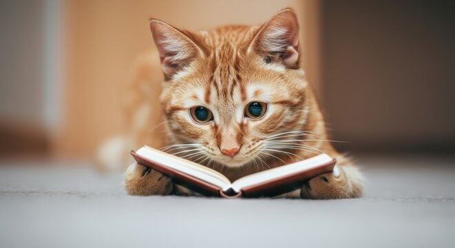 Ginger cat reading book, focused on pages