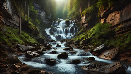 Fototapeta premium Waterfall in Forest, Scenic Nature Stream, Peaceful Water Flow, Cascading Waterfall Landscape, Tranquil River in Woods, Serene Wilderness Scene, Misty Forest Waterfall.
