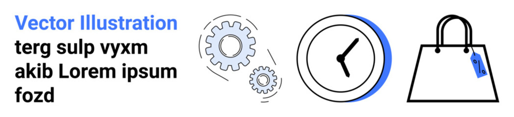 Interconnected gears, a clock, and a shopping bag with a tag explore efficiency, time management, retail, business, commerce, workflow optimization and productivity themes. Ideal for flat landing