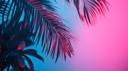 Vibrant Neon Palm Leaves Against a Gradient Background for a Tropical Aesthetic