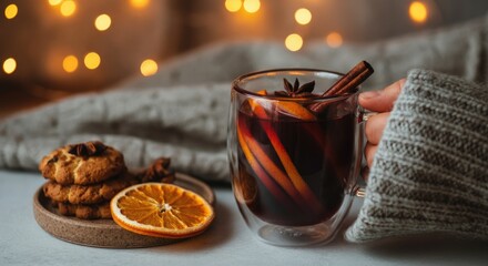 Fototapeta premium Cozy winter scene with mulled wine, cookies, and warm lights