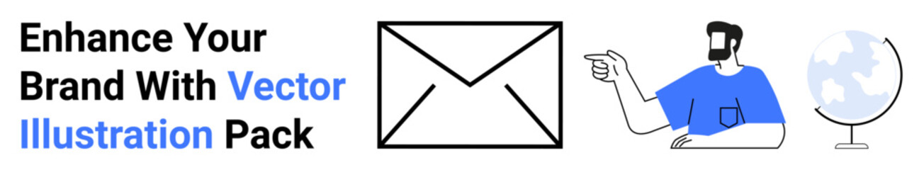 Mail icon, man in blue shirt pointing right, globe outline. Ideal for branding, marketing, business communication, networking, outreach, global strategy landing page banner