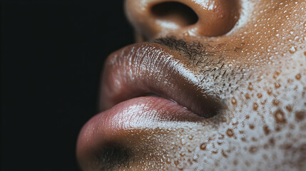 Close-up sweaty face, dark background, skincare