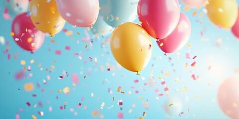 Colorful Balloons Float Upward with Confetti in Festive Celebration