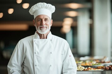 chef stands proudly in front of buffet of fresh dishes wearing classic white coat and toque with plenty of room for