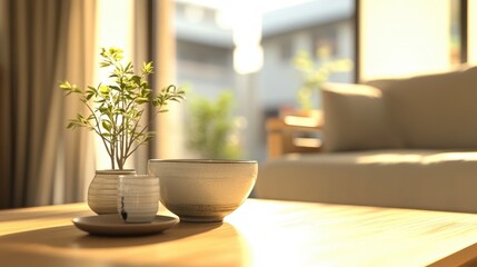 Fototapeta premium Elegant Indoor Plant and Minimalist Decor on Wooden Table