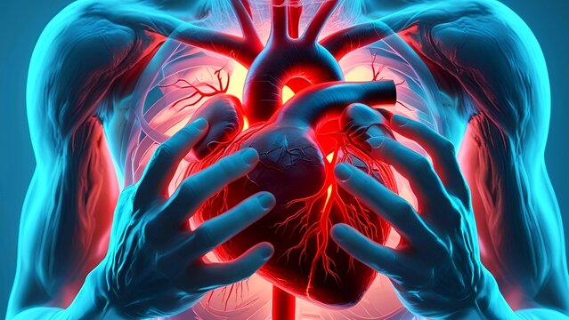 A stylized image of a human heart with hands gripping the chest, suggesting a heart attack or chest pain.