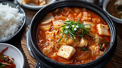 Savory Korean Stew with Tofu and Vegetables in a Black Bowl on a Wooden Table