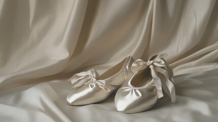 Elegant Satin Ballet Shoes on Smooth Cream Fabric Background
