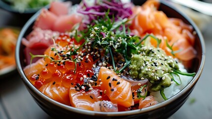Fresh Sushi Bowl with Salmon, Seaweed, Wasabi and Sesame Seed Garnish on Wooden Table