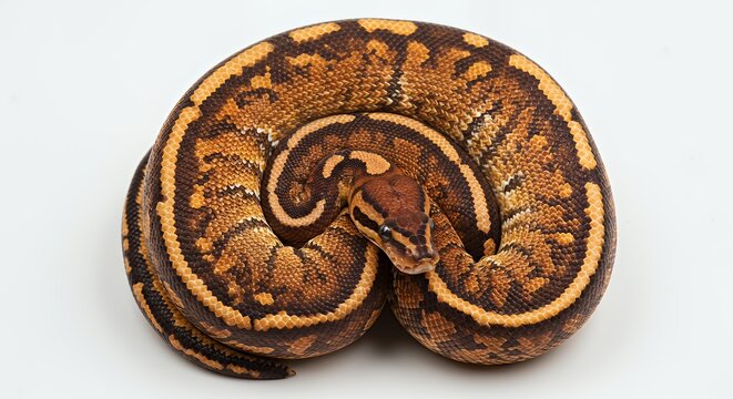 Brown And Orange Ball Python Coiled On White Background Closeup Studio Shot
