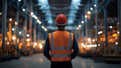 back view of worker in safety vest and hard hat stands at industrial plant 